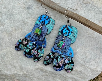 Peacock Blues Chandelier Earring Shorter Length Metallic Leather Fantasy Magical Mystical Fairytale Jewel Colors