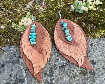 Turquoise & Leather Feather Earring Earthy Natural Rustic Forest-core Southwest Tribal Native