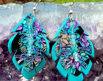 Peacock Turquoise Leather Feather Earrings Rainbow Metallic Vibrant Bohemian Apatite Gemstones Elegant Colorful Romantic