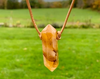 Citrine Crystal Point Necklace Leather Cord Metaphysical Jewelry Simple Minimalist Double Terminated Healing Stone