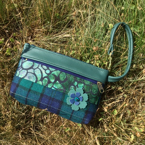 Emerald Green Leather Wristlet with Upcycled Black Watch Plaid Wool Leather Clutch Wallet Phone Bag Boho Fiber Art Purse Emerald Evening Bag