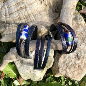 Leather Bracelet Ethnic Tribal Stacking Bracelet African Fair Trade Bead European Navy Blue Leather Gift for Her Gift for Him Cuff Bracelet