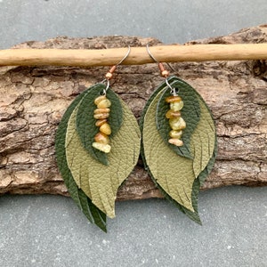 Leather Earrings Feather Earrings Green Garnet Gemstone Earrings Mossy Forest Green Nature Jewelry Leaf Earring Forest Fairy Earthy Jewelry
