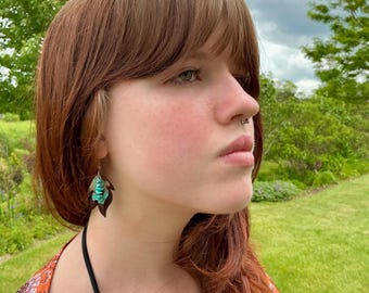 Southwest Feather Earrings Turquoise & Tooled Leather Small Dangle Drop Native Natural Earthy Rustic Handmade