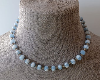 Pretty Millefiori Beaded Necklace in Delicate Shades of Blue and White