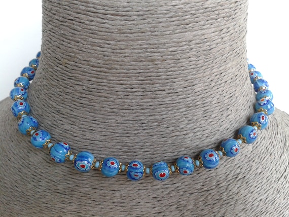 Lovely Blue Millefiori Glass Beaded Necklace - image 1