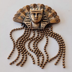 Vintage Egyptian Revival Tutankhamun Brooch with BeadedTassels.