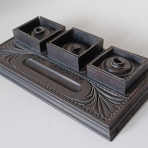 Elegant Victorian Carved Ebony Inkwell Desk Set