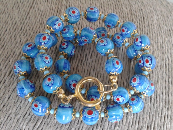 Lovely Blue Millefiori Glass Beaded Necklace - image 3