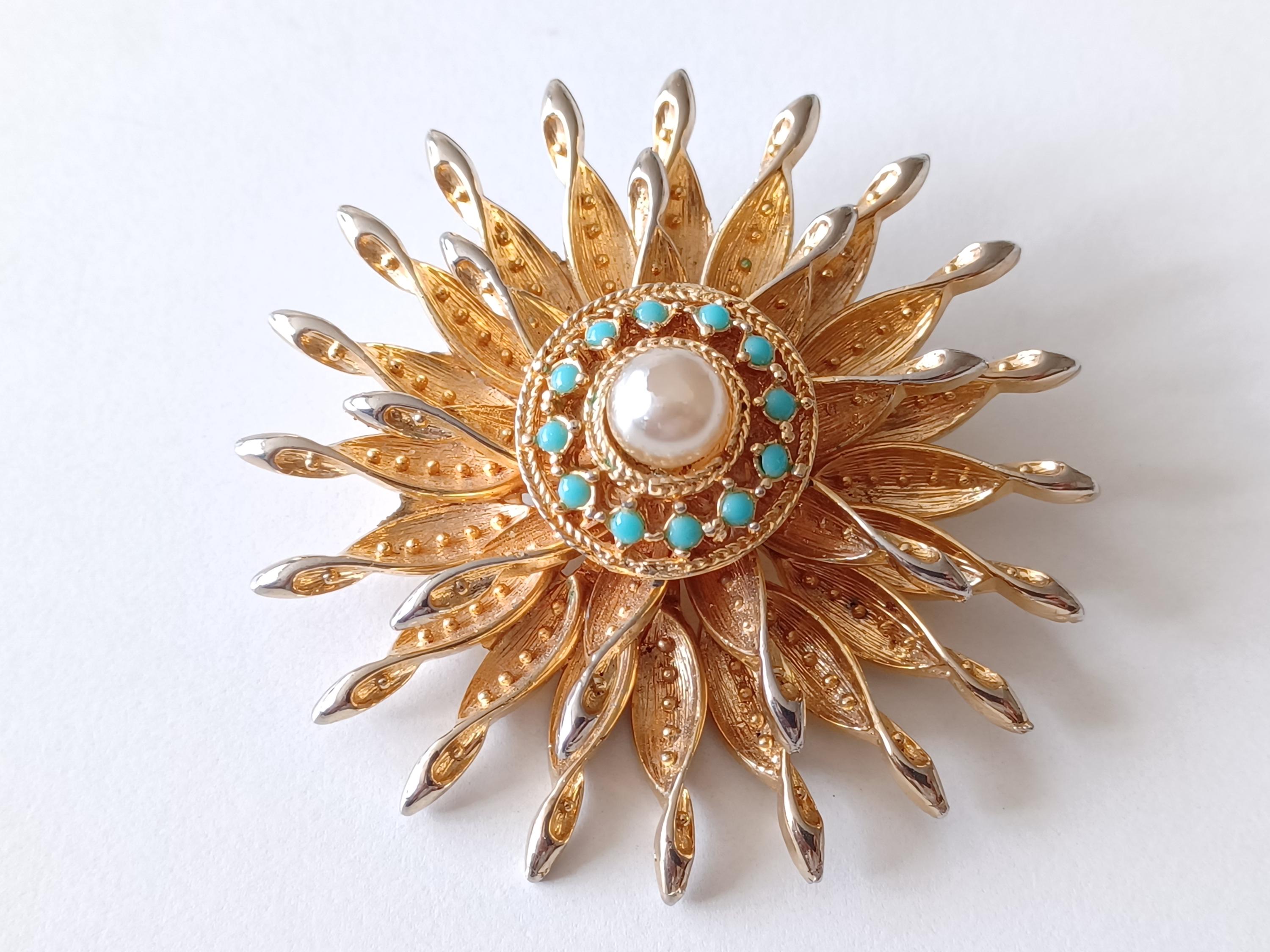 Broche Fantaisie Pierres Précieuses - Améthyste, Perles Baroques, Turquoise, Apatite, Plaqué Or, Neuf