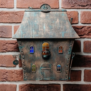 Handmade forged mailbox, bronze color, LED lighting, colored windows, there is a lock and a key, it is installed on the wall, the best gift.