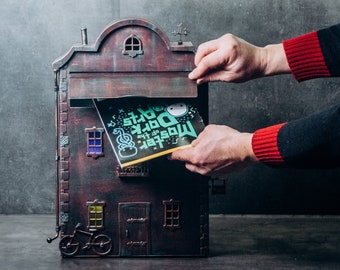 Handmade mailbox copper color, LED lighting colored windows, has a lock and key, installed on the wall, the best gift.