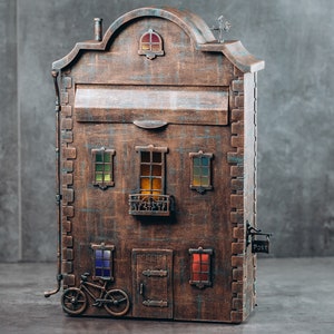 Handmade mailbox, bronze color, LED lighting, colored windows, has a lock and key, installed on the wall, the best gift.