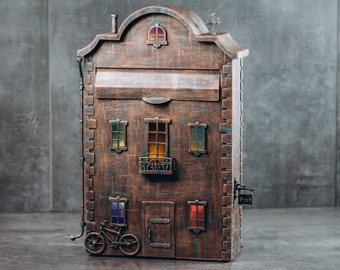 Handmade mailbox, bronze color, LED lighting, colored windows, has a lock and key, installed on the wall, the best gift.
