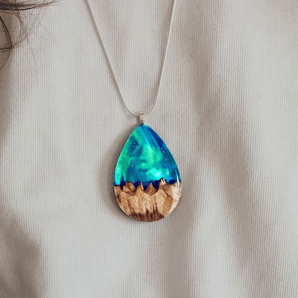 Collar de resina de madera, collar de montaña, regalo para mejor amiga, regalo para mujer, collar de montaña para ella, collar único, joyería de la naturaleza,