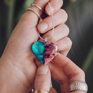 Opal heart necklace, Wooden anniversary gift for her, Large heart shaped pendant, Couples necklace, Mothers day necklace, Simulated opal