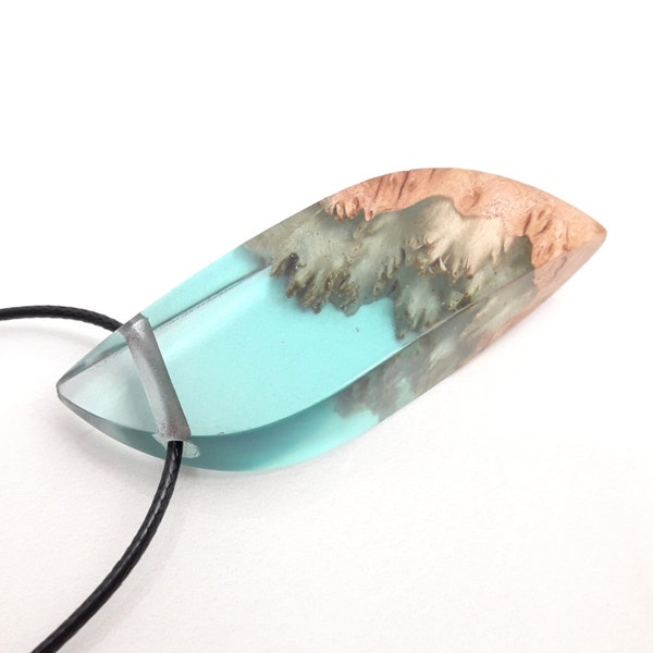 Resin wood necklace, Wooden pendant necklace, Blue pendant necklace, Exotic burl wood jewelry, Statement pendant necklace