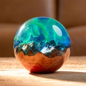 Aurora Borealis Paperweight, Wood & Resin Sphere, Northern Lights Paperweight, Resin Wood Globe, Handcrafted Wood and Resin Desk Ornament