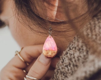 Pink Opal Dangle Earrings: Wood, Resin, Color-Changing