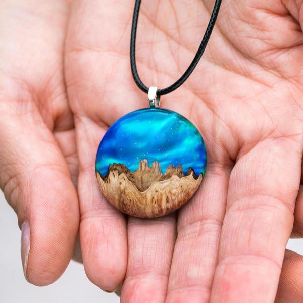 Aurora borealis opal resin and wood jewelry, Northern lights, Wood resin necklace, Resin wood necklace, Gift for Her, 5th Anniversary