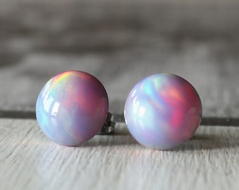 Rainbow Pink Opal Stud Earrings: Surgical Steel, Hypoallergenic