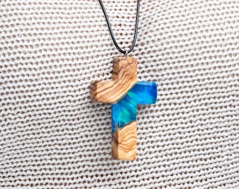 Olive Wood Resin Opalite Cross Necklace – Handmade Christian Pendant, Spiritual Jewelry Gift, Confirmation & Baptism Necklace