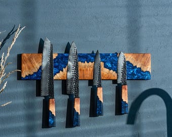 Magnetic Knife Bar, Wooden Knives Storage, Epoxy Wood Knife Rack, Magnetic Knife Holder, Father’s Day Gift, Modern Kitchen Wall Art