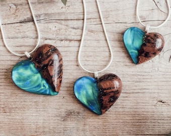Burl Wood Opal Heart Necklace: Resin, Wood and Opalite Pendant