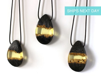 Natural wooden jewelry, Black and gold pendant, Nature lover necklace, Gold wood jewelry, Nature pendant, READY TO SHIP