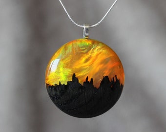 Orange Sunset Pendant, Bold Yellow Necklace, Wood & Resin Statement Jewelry, Color Changing Pendant, Anniversary Gift for Her, Birthday Gift