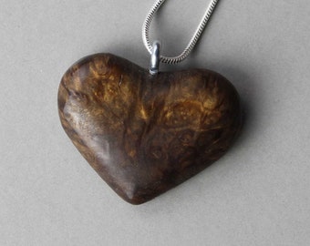 Heart shaped necklace made from burl wood, 5th Anniversary wood gif, 5 Year Anniversary for Her, Precious Wood Jewelry, - ready to ship