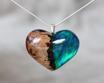 Valentines day gift, Aurora Borealis resin necklace, Heart jewelry, Valentines day gift for her, Aurora necklace, Wooden heart, Womens gift