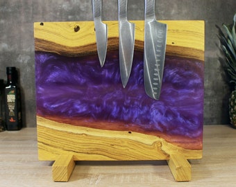 Premium magnetic knife holder, Purple epoxy resin knife block, Iridescent knife display with rare mulberry wood, Colorful modern knife rack