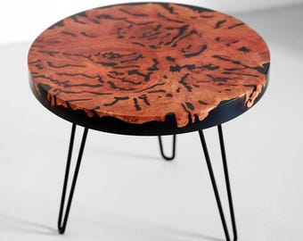 Live Edge Burl Wood Coffee Table: Eucalyptus & Epoxy Resin, 22"