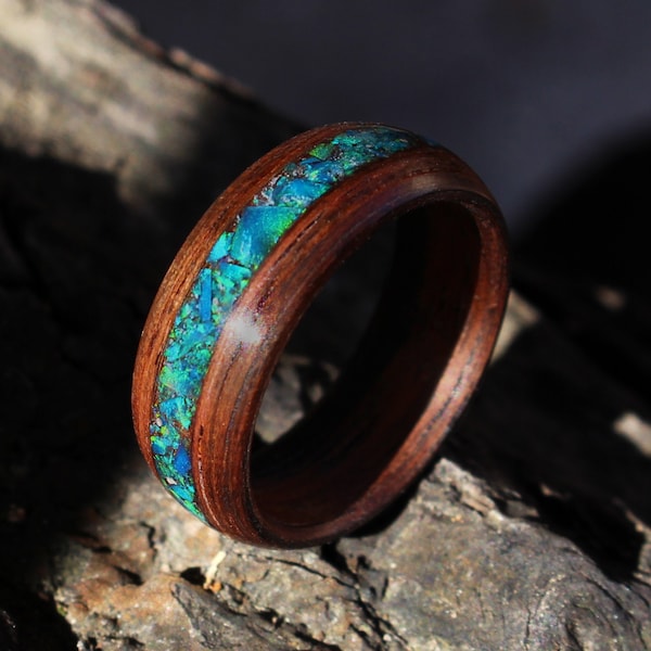 Bentwood Opal Ring, Wooden Mens Ring, Walnut Opal Wedding Band for Men, 5th Anniversary, Boyfriend Promise Ring Gift, Men Engagement Ring