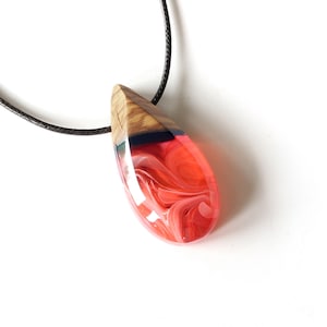Red Resin Necklace: Burl Wood Flame Pendant, Sterling Silver Chain