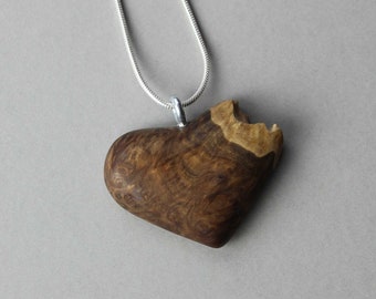 Heart shaped necklace made from burl wood, 5th Anniversary wood gift, 5 Year Anniversary for Her, Precious Wooden Jewelry, - ready to ship