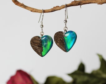 Opal Heart Drop Earrings: Wood & Resin Boho Jewelry