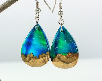 Opal Burl Wood Dangle Earrings: Resin Aurora Borealis