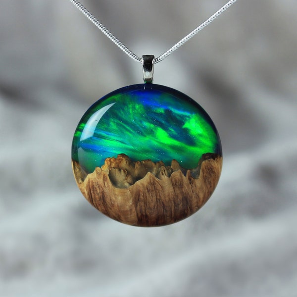 Aurora borealis opal resin and wood jewelry, Northern lights, Wood resin necklace, Resin wood necklace, Gift for Her, 5th Anniversary
