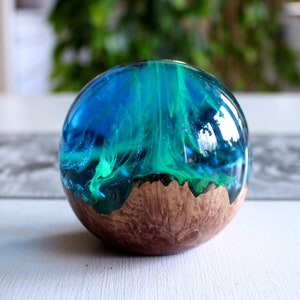 Aurora Borealis Paperweight, Wood Resin Sphere, Alaska Decor, Northern Lights Paperweight Decor, Resin Wood Globe, Northern Lights Gift image 2