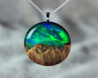 Aurora borealis opal necklace, Wood and resin 5th anniversary necklace gift, Special birthday gift for her