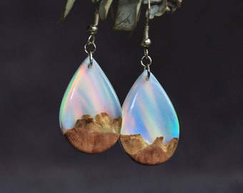 White Opal Earrings, Teardrop Opal Earrings, White Opal Dangle Earrings, Wood Earrings, Resin Earrings, Drop Earrings, Rainbow Opal Earrings