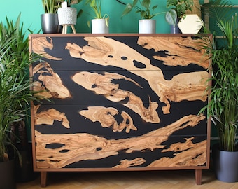 Solid Olive Wood and Epoxy Dresser, 4 Drawer Dresser, Solid Wood and Resin Furniture, Wooden Commode, One of a Kind Bedroom Furniture