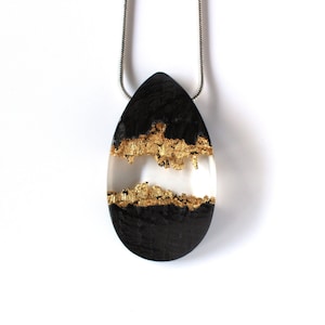 Black and gold wooden necklace for her, Natural wood jewelry for her, Boho necklace gift for her, Oak wood pendant necklace