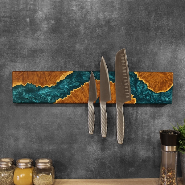 Barre à couteaux magnétique, rangement pour couteaux en bois, porte-couteau en bois époxy, porte-couteau magnétique, cadeau pour la fête des pères, oeuvre d'art murale de cuisine moderne