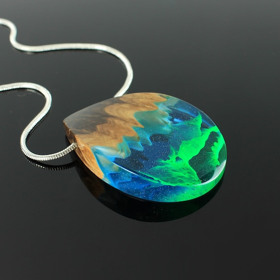Teardrop wood resin necklace, Tear drop shaped blue green resin wood necklace, Wood resin pendant, Nature wood pendant, Resin wood necklace