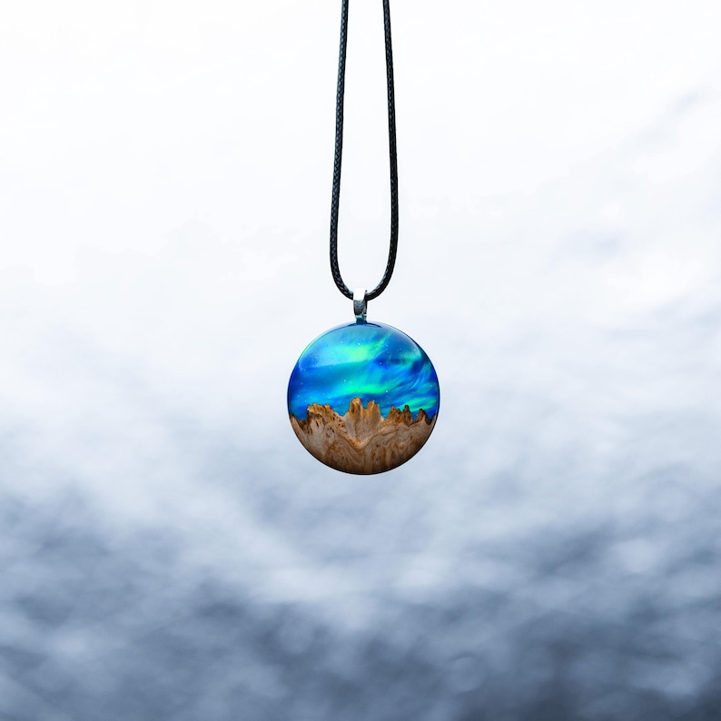 Aurora borealis opal resin and wood jewelry, Northern lights, Wood resin necklace, Resin wood necklace, Gift for Her, 5th Anniversary image 5