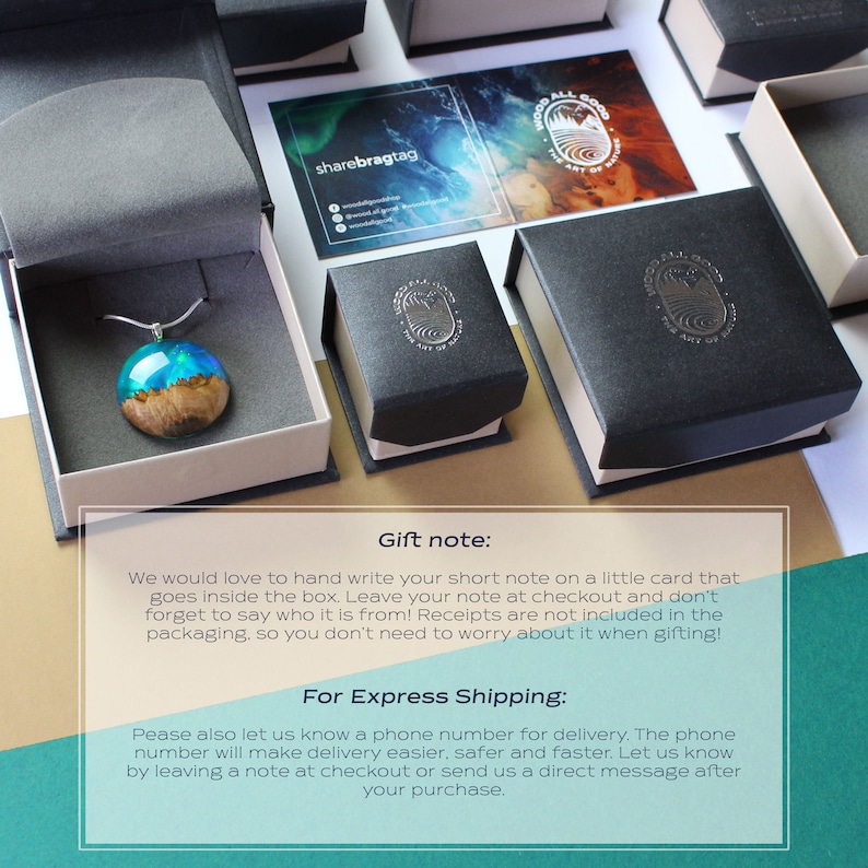 May include: A necklace with a teal and brown resin pendant. The pendant is in a small white box. The text "Gift note: We would love to hand write your short note on a little card that goes inside the box. Leave your note at checkout and don't forget to say who it is from! Receipts are not included in the packaging, so you don't need to worry about it when gifting! For Express Shipping: Pease also let us know a phone number for delivery. The phone number will make delivery easier, safer and faster. Let us know by leaving a note at checkout or send us a direct message after your purchase." is on a white background.