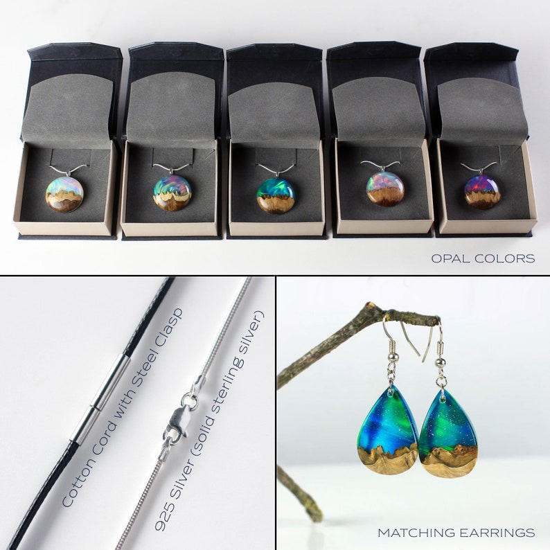 Collana opale Aurora boreale, regalo collana per il 5 anniversario in legno e resina, regalo di compleanno speciale per lei immagine 8